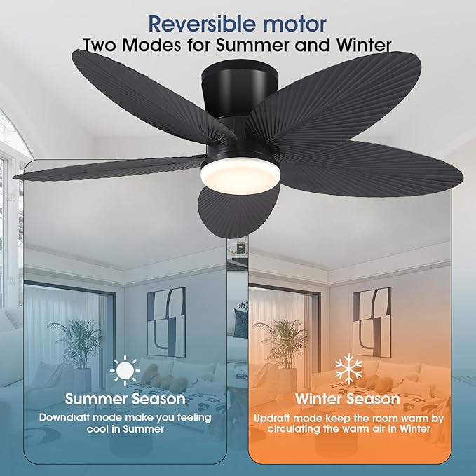 Palm Leaf Ceiling Fans with Lights-42 Tropical Ceiling Fan with Light and Remote/APP Control,Flush Mount Low Profile Black Ceiling Fans for Bedroom,Indoor/Outdoor Patio Use