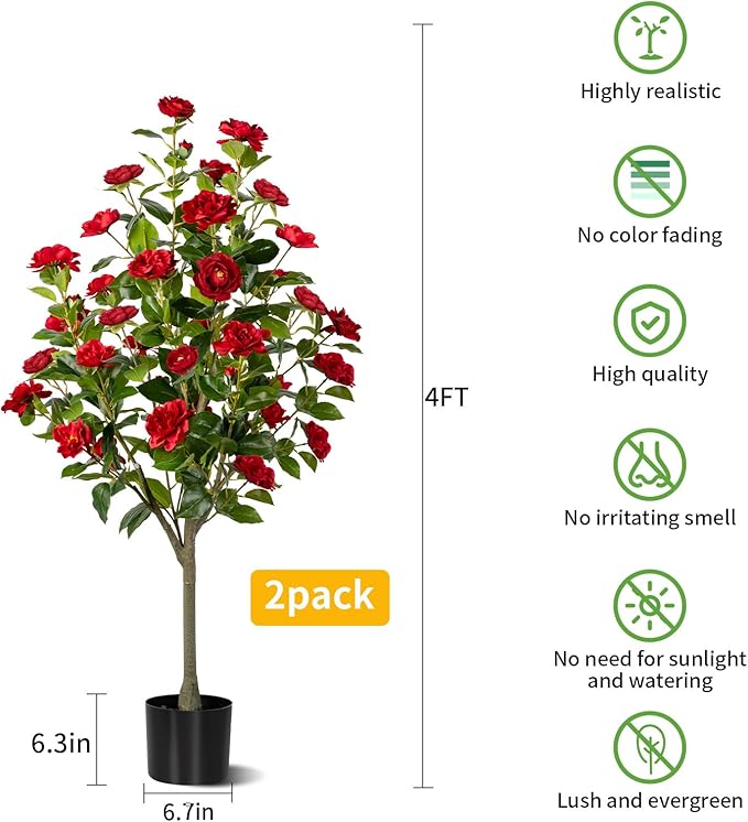 Artificial Camellia Tree 2 Pack, Artificial Plants Outdoor Faux Floral Plant in Cement Pot Fake Silk Camellia Tree Plants for Home House Living Room Office Decor