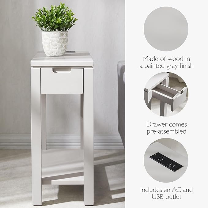 Leick Home Cade Wood Side Table with Drawer, AC & USB Outlet, Floating Top Design, Solid Wood, Storage Shelf, Compact for Small Spaces, 24 in D x 10 in W x 24 in H, Gray, 9080-GR