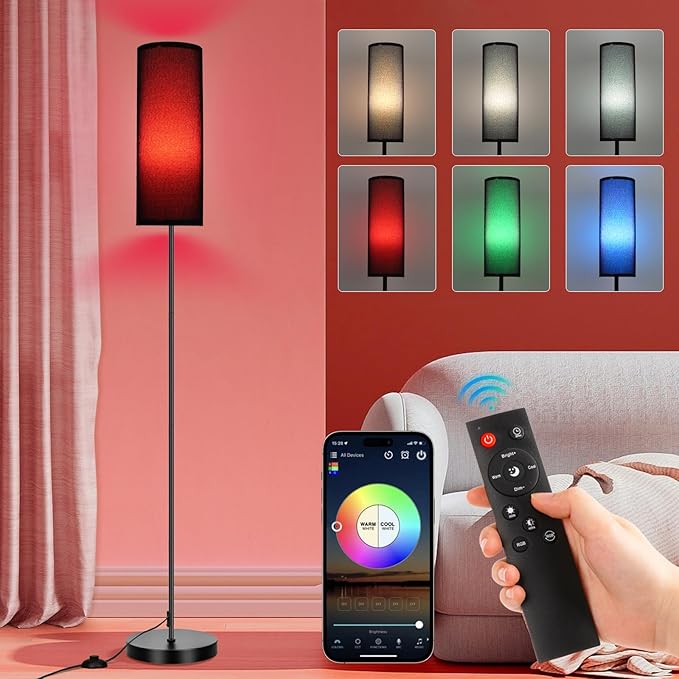 FRIDEKO HOME Floor Lamp, Color Changing Ambient Lighting for Living Room Bedroom, Standing Lamp with App & Remote Control, Tall Corner Lamp for Christmas Home Decor, 9W 800LM, Foot Switch, Black Shade