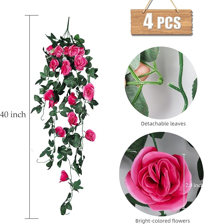 RECUTMS 4 Pack Artificial Plants Fake Hanging Flowers Faux Ivy Vines with LED Fairy Lights Plastic Outdoor UV Resistant for Home Window Garden Office Patio (Rose red)