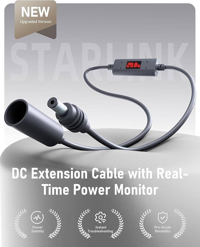 Starlink Mini & Gen 3 Extension Cable 30cm – DC Female to Male Adapter with Power Monitor for Fast Troubleshooting, 18AWG Tinned Copper Wire, Waterproof Replacement Accessories for Stable Connection