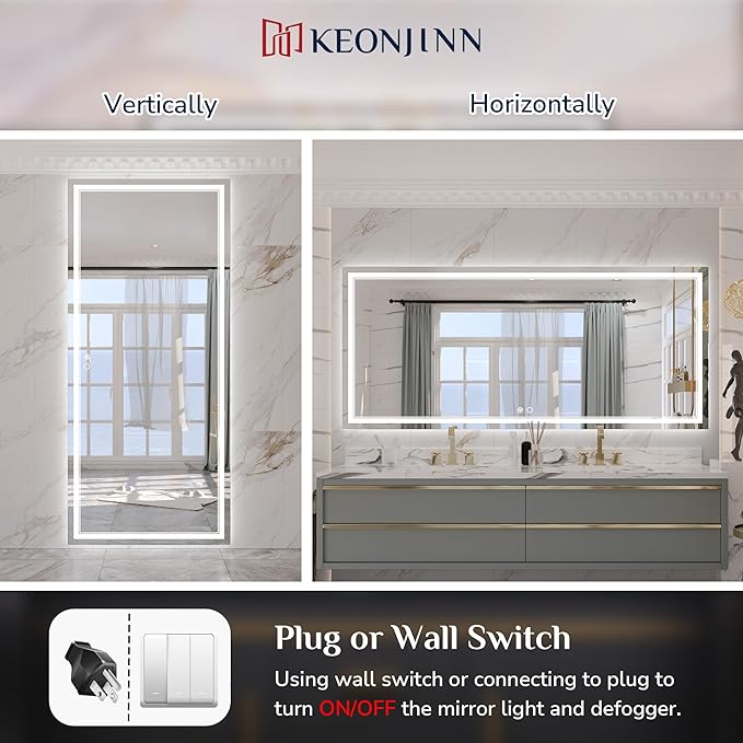 Keonjinn 72 x 32 Inch LED Bathroom Mirror with Lights, Large Wall Mounted Vanity Mirror, UL Listed LED Driver, HD Tempered Glass, Easy Installation, Anti-Fog, Memory Dimmable 6000K, CRI 90+