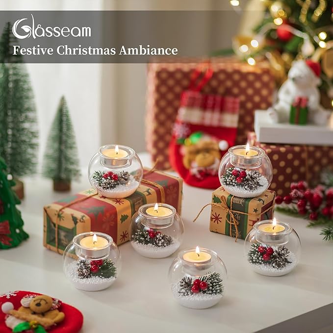 Glasseam Christmas Votive Candle Holders: Glass Tealight Candle Holder Set of 6 with Red Berry and Snow Pinecone Decorative Candle Holders for Table Centerpiece Party Christmas Decor Advent Gifts