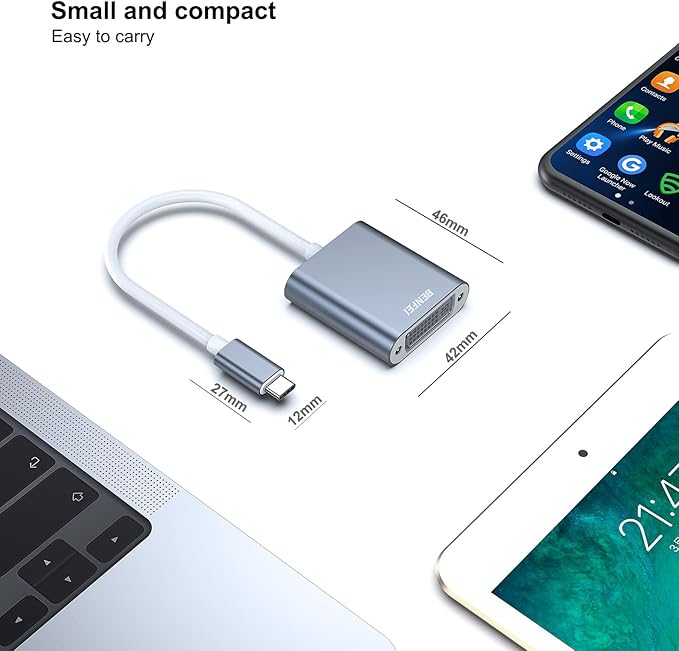 BENFEI USB C to DVI Adapter, Type-C to DVI Adapter [Thunderbolt 3/4 Compatible] with iPhone 15 Pro/Max, MacBook Pro/Air 2023, iPad Pro, iMac, S23, XPS 17, Surface Book 3 and More - Grey