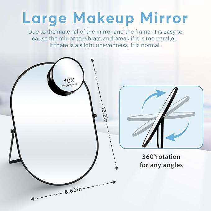 Desk Mirror, Tabletop Vanity Mirror, 360°Adjustable Rotation Vintage Metal Framed Table Mirror with Stand and 10X Magnifying Room for Living Room, Bedroom, Tabletop, Bathroom (Black Oval)