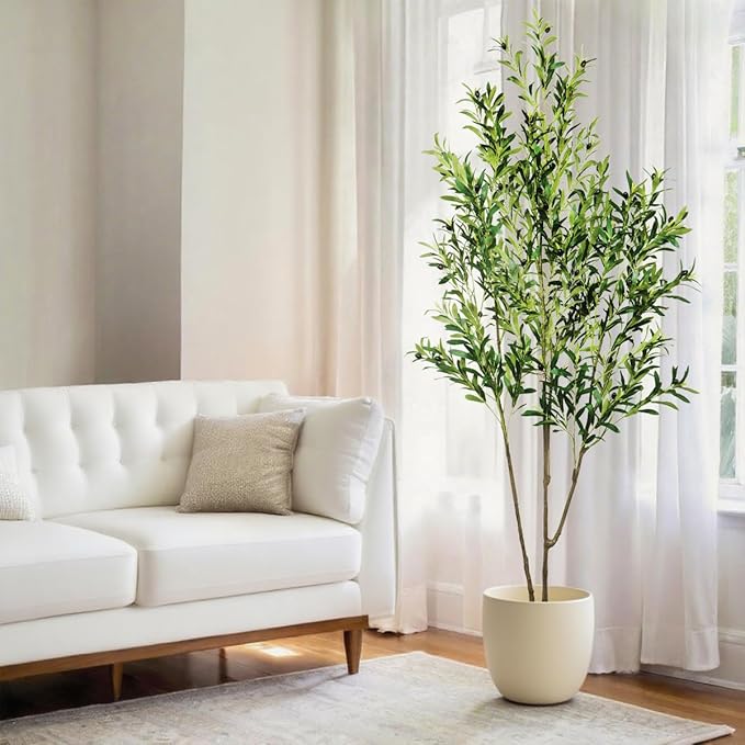 6.56ft Artificial Olive Tree, Faux Olive Tree with Lifelike Fruits, 78.74in Fake Olive Tree with Sturdy Plastic Pot, Artificial Plants for Office Home Living Room Indoor Outdoor Decor