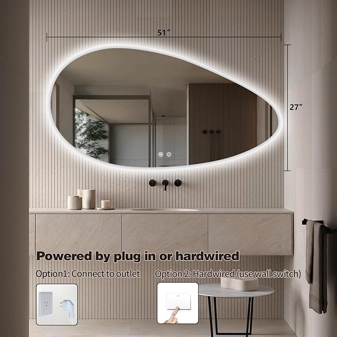 Niccy Irregular LED Bathroom Mirror with Lights, 27x51 Asymmetrical Backlit-Mirror for Wall Mounted, Bathroom Vanity Mirrors with Memory, Dimmable, 3 Colors, Anti-Fog, IP65 Waterproof