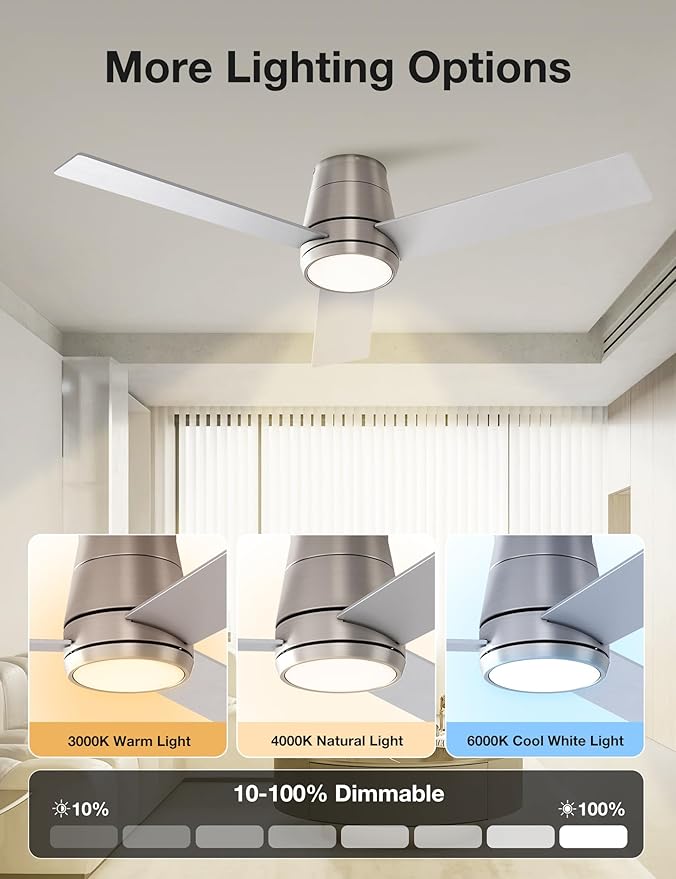 warmiplanet Flush Mount Ceiling Fans with Lights and Remote Control, 52-Inch, Brushed Nickel, 4-Blades, 2 Pack