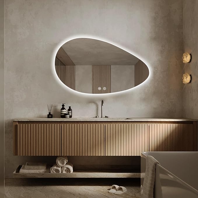 Niccy Irregular LED Bathroom Mirror with Lights, 24"x40" Asymmetrical Backlit-Mirror for Wall Mounted, Bathroom Vanity Mirrors with Memory, Dimmable, 3 Colors, Anti-Fog, IP65 Waterproof