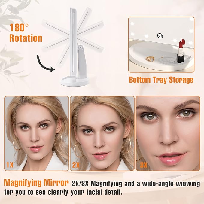 FASCINATE Trifold Vanity Mirror with Lights, Lighted Makeup Mirror 2X/3X Magnification, 21 LED Touch Dimming, Dual Power 180° Rotation Lit Beauty Table Mirror, Make up Mirror with Lighting