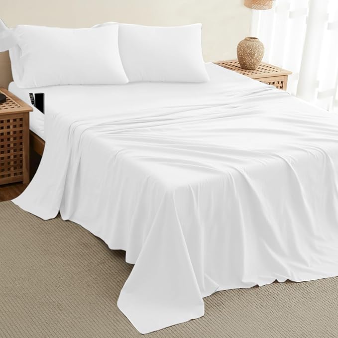 DREAMCARE Full Size Sheets – 4 pcs Cooling Sheets – up to 21” Deep Full Sheet Set – Hotel Luxury Sheets & Pillowcases – Superior Softness 100% Fine Microfiber with Side Pocket – White