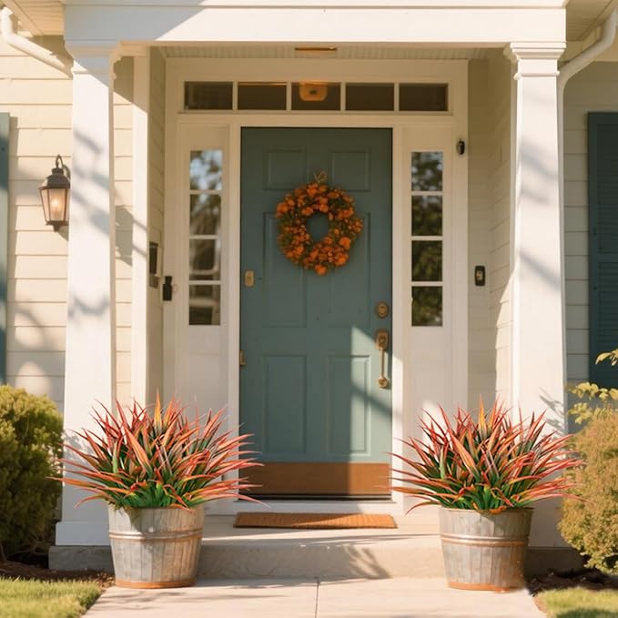 Ouddy Decor 20 Pcs Fake Fall Outdoor Plants Artificial Grass Fall Stems Faux Plastic Plants UV Resistant for Autumn Indoor Outside Garden Hanging Planter Porch Patio Window Box Home Decor, Orange