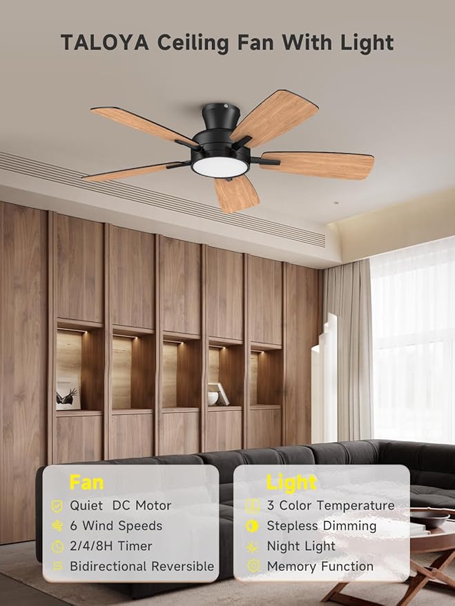 TALOYA Ceiling Fans with Lights and Remote, 46 Inch Low Profile Ceiling Fan with Light, Flush Mount, Reversible, 3CCT, Dimmable Black Modern Ceiling Fan for Bedroom, Living Room, Outdoor Patio