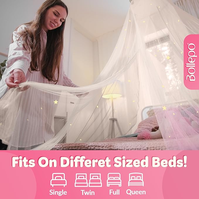 Bollepo Bed Canopy for Girls Bed with Glowing Stars - Princess Room Decor, Ceiling Net to Cover Toddler | Full, Twin Size Kids Bed, Fire Retardant Fabric (White - Stars)