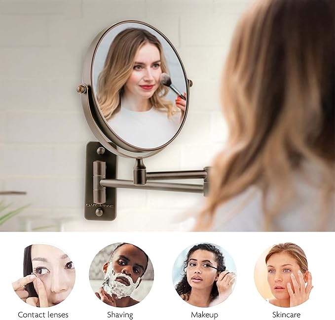 OVENTE 7" Wall Mounted Makeup Mirror with 1X/7X Magnification, Double Sided Magnifying Round Bathroom Vanity Mirror, 360° Swivel Design, Extendable and Folding Arm, Antique Bronze MNLFW70ABZ1X7X