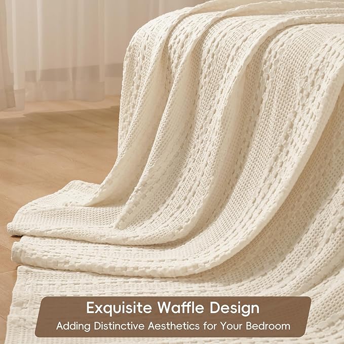 PHF 100% Cotton Waffle Weave Blanket Twin Size for Bed, Soft Lightweight & Breathable, All-Season Comfort, Luxury Aesthetic Woven Bedding for Home Decor, 66"x90", Natural