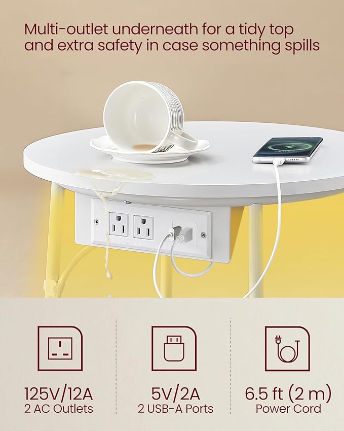 VASAGLE LILEA Collection - Side Table with Charging Station, Round End Table with Fabric Basket, LED Nightstand with USB Ports, Modern, for Living Room, Matte White and Camel Brown ULET227W01
