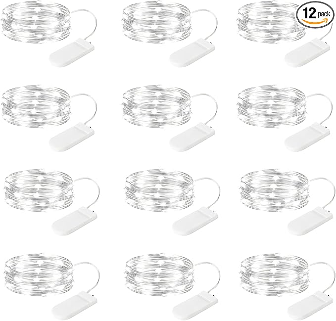 12-Pack LED Fairy Lights 7 Feet Battery Powered Waterproof Silver Wire 20 Slim Copper Wire Pastel Lights for DIY Wedding Party Bedroom Patio Easter Christmas (White)