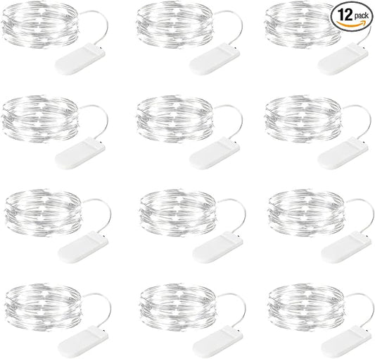 12-Pack LED Fairy Lights 7 Feet Battery Powered Waterproof Silver Wire 20 Slim Copper Wire Pastel Lights for DIY Wedding Party Bedroom Patio Easter Christmas (White)