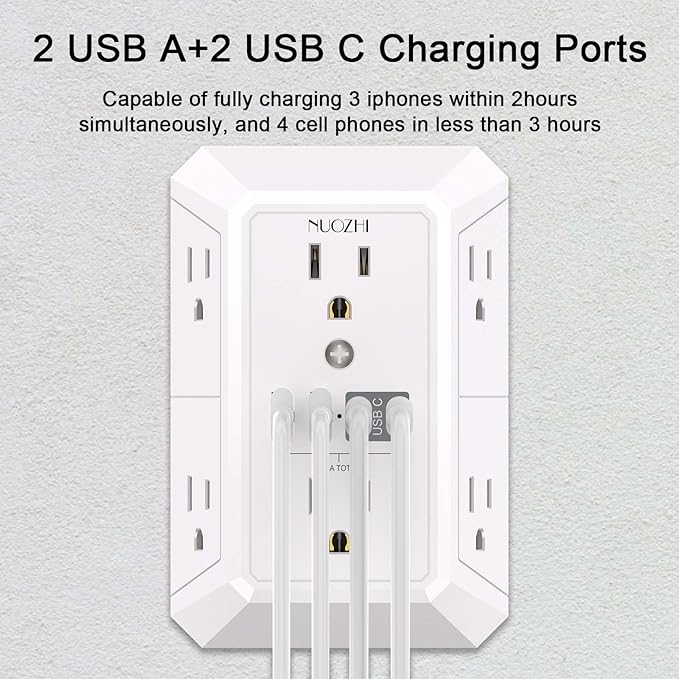 Outlet Extender Surge Protector - NUOZHI 6 Outlet Splitter with 4 USB Ports(2 USB-C), Multi Plug Wall Outlet 1680J Power Strip for Home Office Dorm Room Essentials, ETL, White