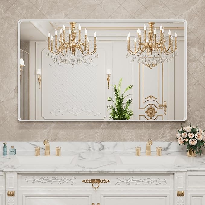 LOAAO 55x36 Inch White Metal Framed Bathroom Mirror for Wall, White Bathroom Vanity Mirror Farmhouse, Large Rounded Rectangle Mirror, Anti-Rust, Tempered Glass, Hangs Horizontally or Vertically