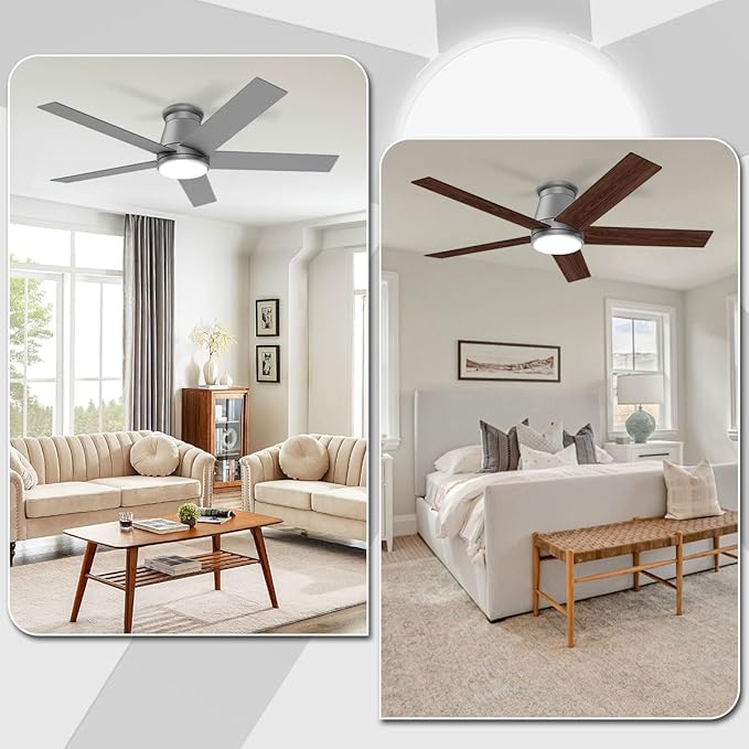 wurzee 52 Inch Flush Mount Ceiling Fan, Matte Silver Ceiling Fan with Light, Reversible DC Motors, Dimmable,Timer, Noiseless, Ceiling fan for Indoor & Outdoor Farmhouses, Dining Rooms