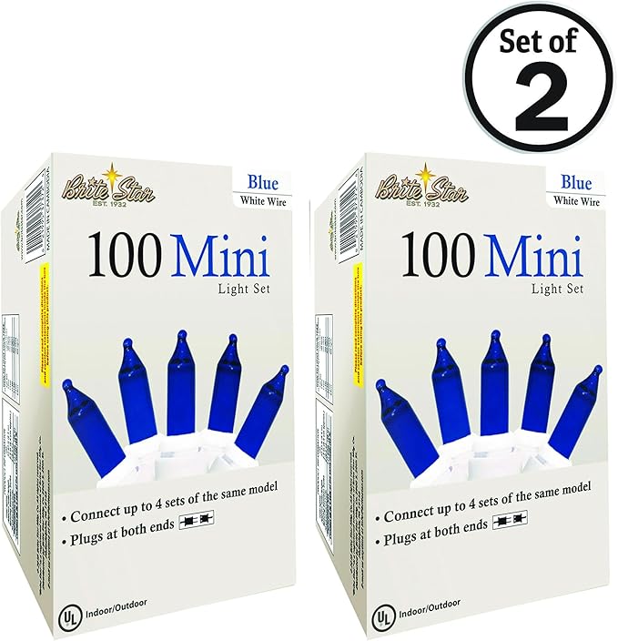 Brite Star 100 Count Mini String Christmas Lights, Blue - 22 feet Indoor/Outdoor Christmas Tree Lights with White Wire (Set of 2)