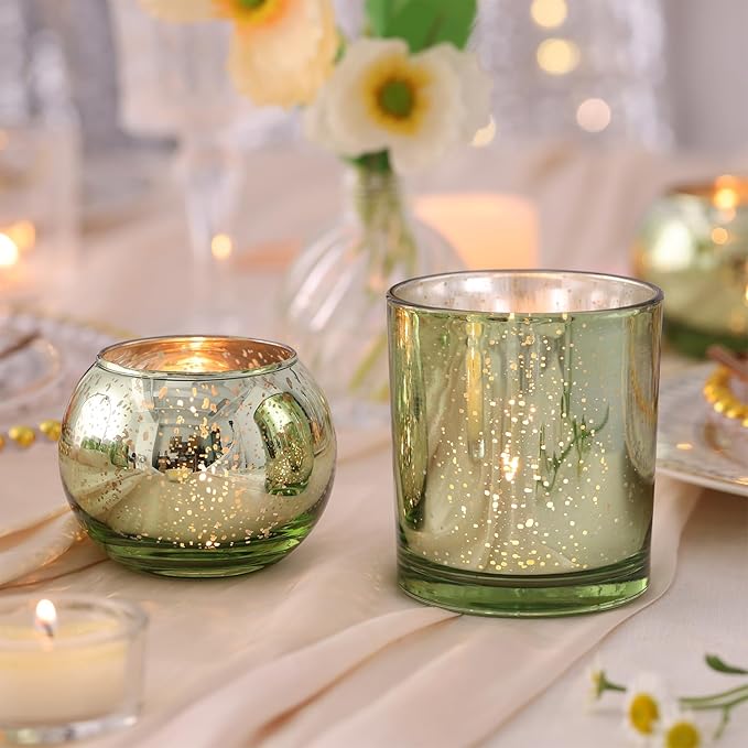 10 Pcs Assorted Green Votive Candle Holders, Larger Size Mercury Glass Candle Holder, Sage Green Tealight Candle Holder for Wedding, Votive Holders for Party Centerpieces for Table