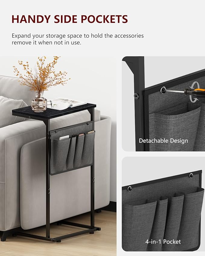 Vantic C Shaped End Table, Small Side Table for Couch and Recliner, Slide Under Sofa Tray Desk with Storage Bag for Living Room and Bedroom, Black