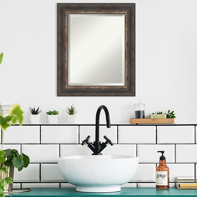 Amanti Art Brown Bathroom Mirror for Over Sink, 25x21 Bark Rustic Char Rectangle Vanity Mirror, Small Country Rustic Frame, Hangs Horizonally and Vertically, Bathroom Wall Decor, Beveled Edge