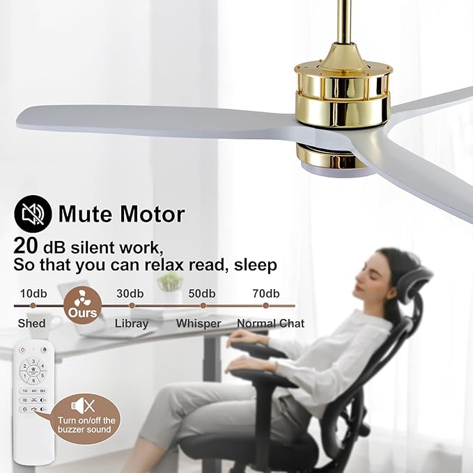 BOJUE 52 Inch Solid Wood Gold Ceiling Fans with Lights and Remote, Reversible Quite DC Motor,6 Speeds with Memory Program,Modern Farmhouse Ceiling Fan with Light for Living Room Patio