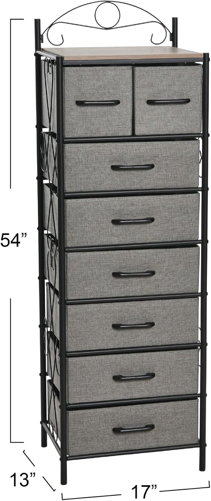 Household Essentials Victoria Dresser Tower Storage Organizer with 8 Drawers Black Metal Frame and Ashwood Rustic Wood Grain Top