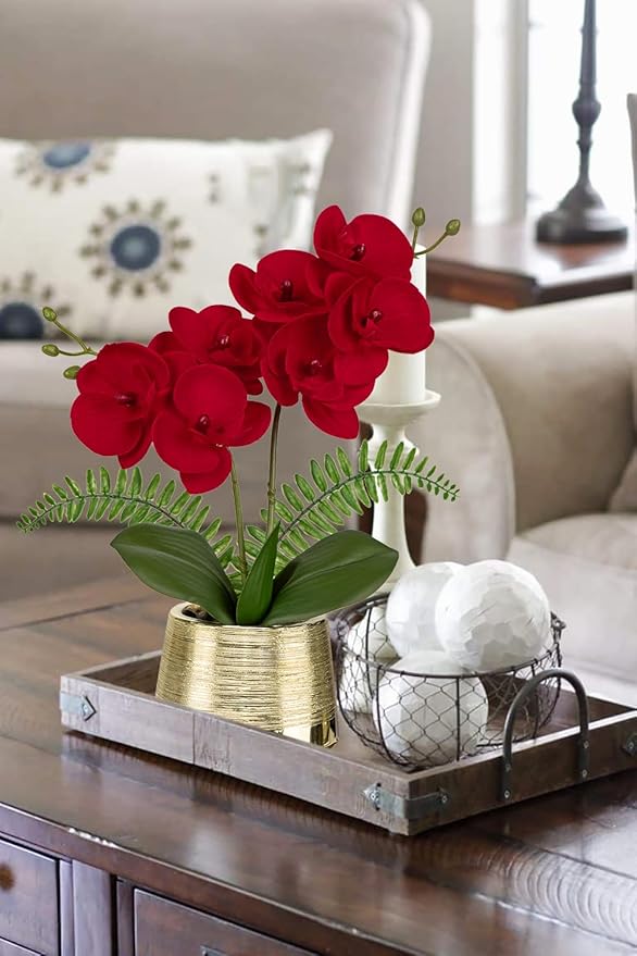 White Orchids Artificial Flowers in Gold Pot Faux Phaleanopsis Orchid Bonsia Fake Orchid Centerpiece for Dining Room Table