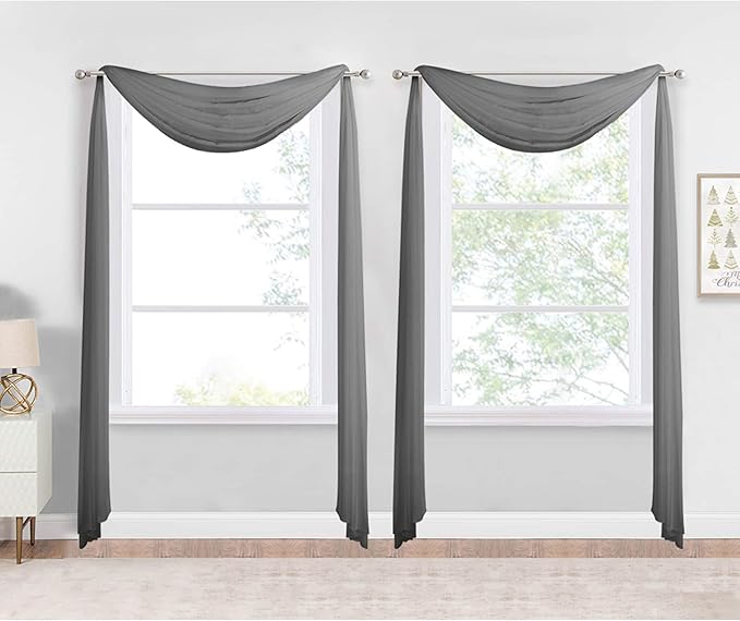 NICETOWN Dark Grey Scarf Valances for Windows, Decorative Soft Voile Sheer Window Scarfs for Farmhouse/Cottage, W60 x L216, Sold by 2 Panels
