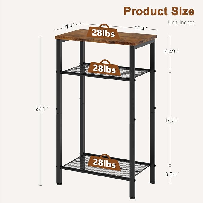 Hoctieon 2-Set 3 Tier End Table, Telephone Table Set of 2, Tall Side Table with Storage Set of 2, Small Nightstand for Small Spaces, Metal Frame, for Living Room, Bedroom, Sofa Couch, Rustic Brown