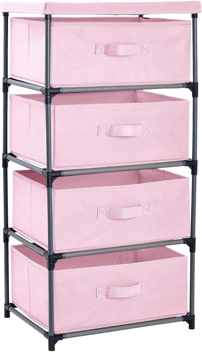 Juvale 4-Tier Dresser for Bedroom - 16.5 x 13 x 33 in, Pink, Modern - Closet Dresser with 4 Fabric Drawers for Clothes & Bedroom Storage