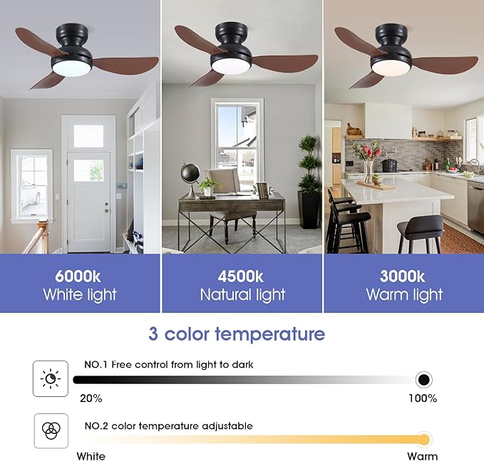 36 Inch Modern Ceiling Fans with Lights, Small Flush Mount Ceiling Fan with Light and Remote/APP Control, 3 Reversible 6 Speeds Curved Blades, 3 CCT Dimmable Lights for Bedroom, Brown