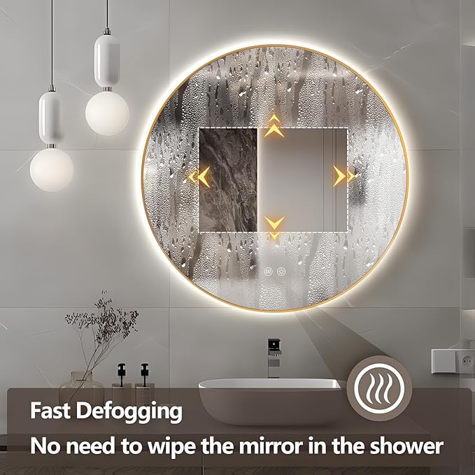 Niccy Round Led Mirror for Bathroom, 28" Backlit Mirror for Wall Circle Lighted Mirror with Gold Frame Anti-Fog, 3 Colors, HD Glass and IP65 Waterproof