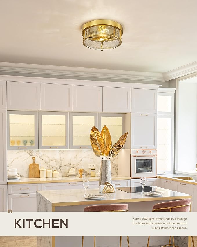 FEMILA 12" Ceiling Light Fixture, 2-Light Flush Mount Light for Bedroom Kitchen Dining Room Hallway Entryway, Brass Gold Finish with Seeded Glass, 4FTJ22-F BG