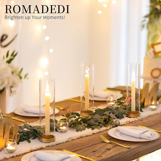 Romadedi Candlestick Candle Holders Hurricane Glass - 12 Inch Clear Gold Taper Candle Holders for Table Centerpiece Wedding Party Birthday Christmas Decor Home Decorations, Set of 2