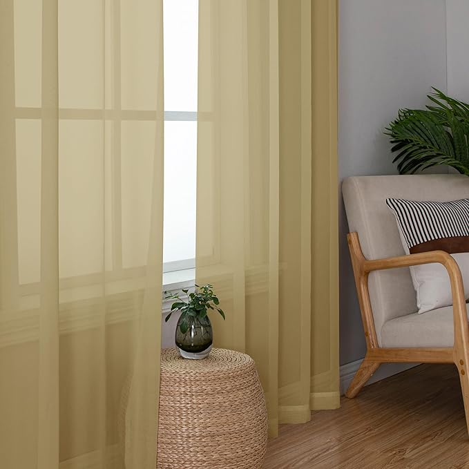 OWENIE Gold Sheer Curtain 96 Inch Long 2 Panels Set, Light Filtering Clear Rod Pocket Soft Sheer Curtain 95 for Bedroom/Living Room, 2Pcs, Each 42" W x 96" L,Gold