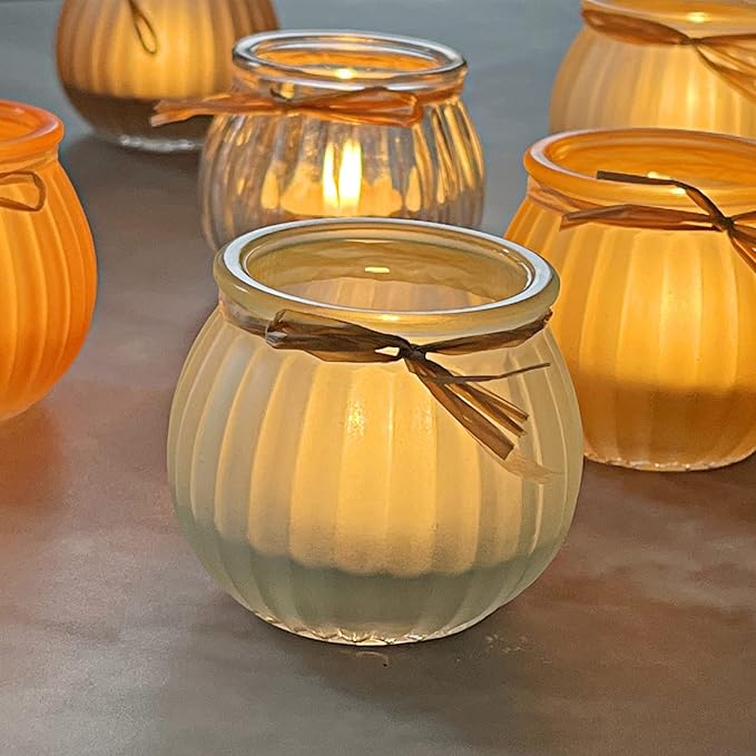 WDHODEC Fall Candle Holders Set of 6, Glass Pumpkin Tealight Votive Candle Holder for Halloween Thanksgiving Table Decoration
