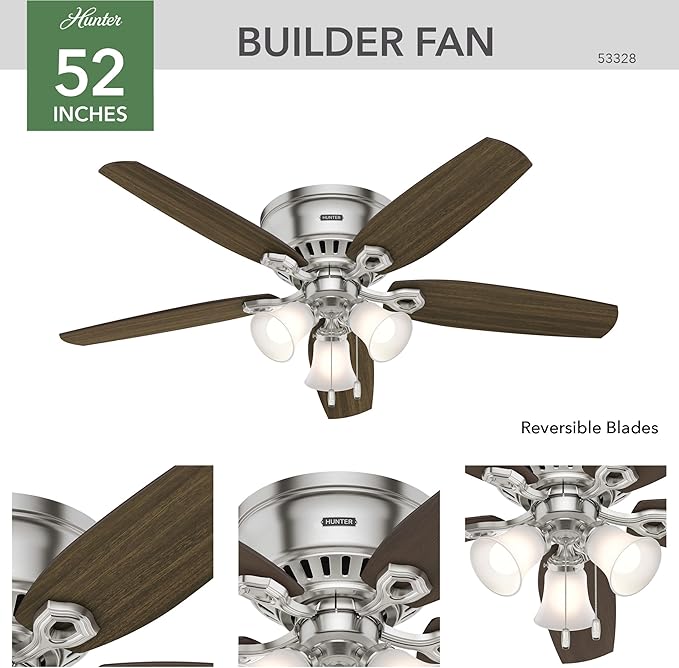 Hunter 52 inch Indoor Ceiling Fan with LED Lights - Ceiling Fan with Pull Chain, For Bedroom, Living Room, or Kitchen, Low Profile Mount, No Remote, 5 Blades - Builder 53328, Brushed Nickel