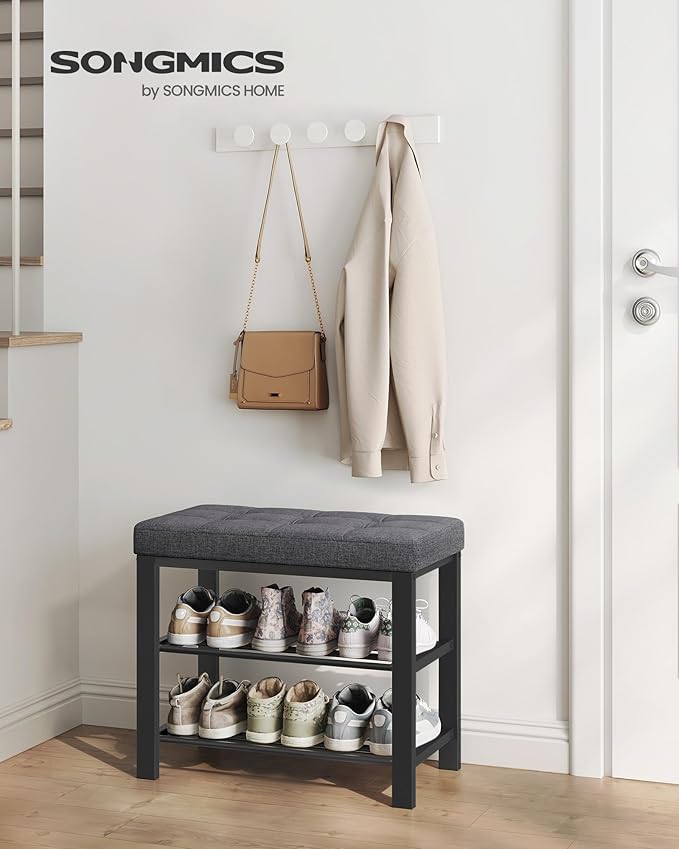 SONGMICS Shoe Bench, Storage Bench, Entryway Bench with Cushion, Shoe Shelf with Seat, Space-Saving, Modern Style, for Living Room, Bedroom, Hallway, Dark Gray and Ink Black ULBS576B33