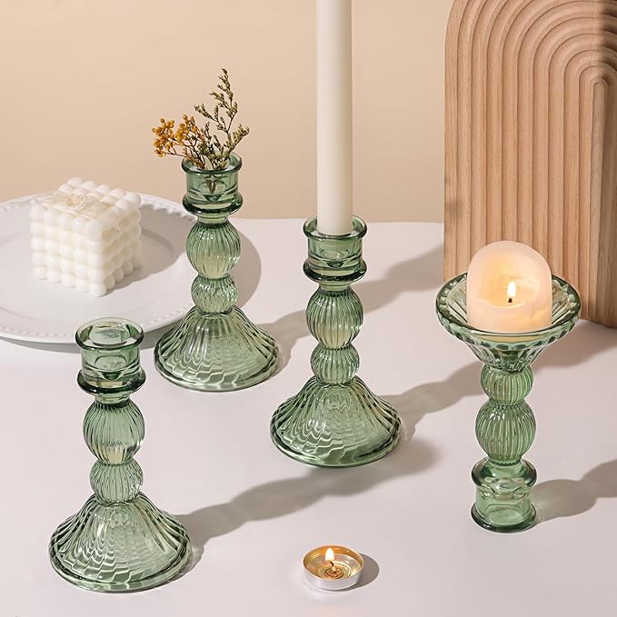 DARJEN Green Candlestick Holders Set of 4 - Vertical Stripe Glass Candle Holders for Candlesticks and Taper Candles, Taper Candle Holder for Wedding, Home, Decor & Table Centerpieces