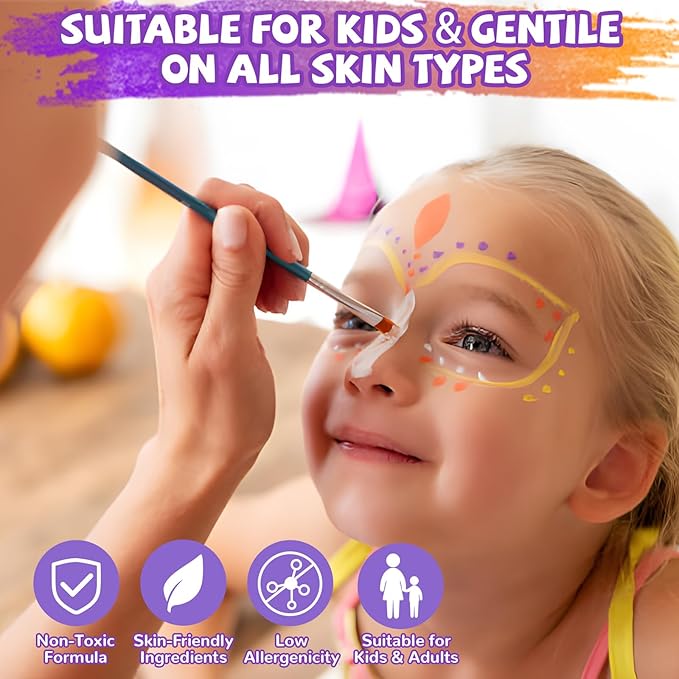 Professional Face Painting Kit for Kids – 42 Color Water Activated Facepaint Makeup Kit, Non-Toxic face Paint with Stencils, Gems, Brushes– for Halloween, Parties, Carnival, School Event & Festivals
