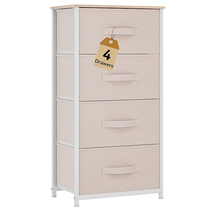 DWVO Storage Tower with 4 Drawers - Fabric Dresser, Organizer Unit for Bedroom, Living Room, Closets - Sturdy Steel Frame, Easy Pull Fabric Bins & Wooden Top (Cream White)
