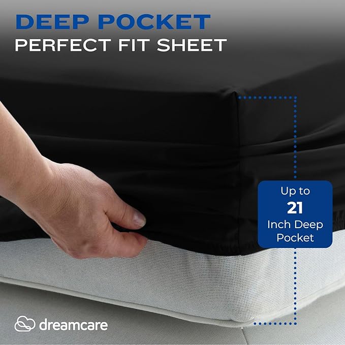 DREAMCARE California King Sheet Sets – 4 pcs Cooling Sheets – up to 21” Deep Cal King Sheets – Hotel Luxury Pillowcases – Superior Softness 100% Fine Microfiber with Side Pocket – Black