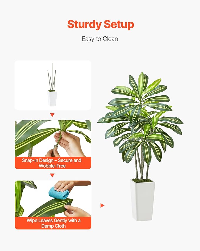 VEVOR Artificial Dracaena Tree 5 ft, Fake Palm Tropical Plants with White Tall Planter, Faux Floor Silk Plant in Pot, Large Trees for Home Office Living Room Decor House Warming, Indoor Outdoor